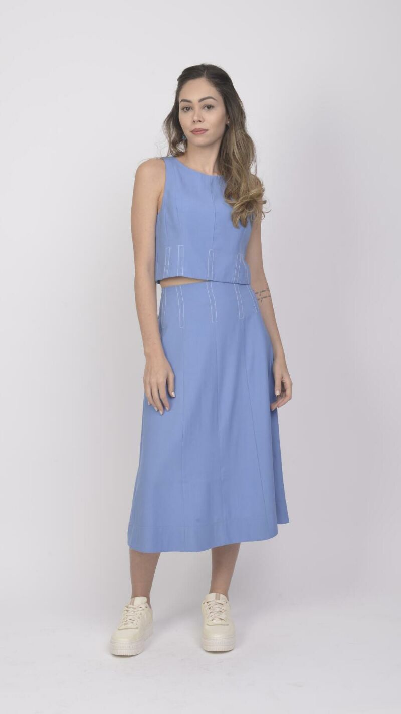 Imagem de Conjunto Catarina – Saia Longa e Cropped de Alfaiataria com Pesponto | Look Elegante em Azul